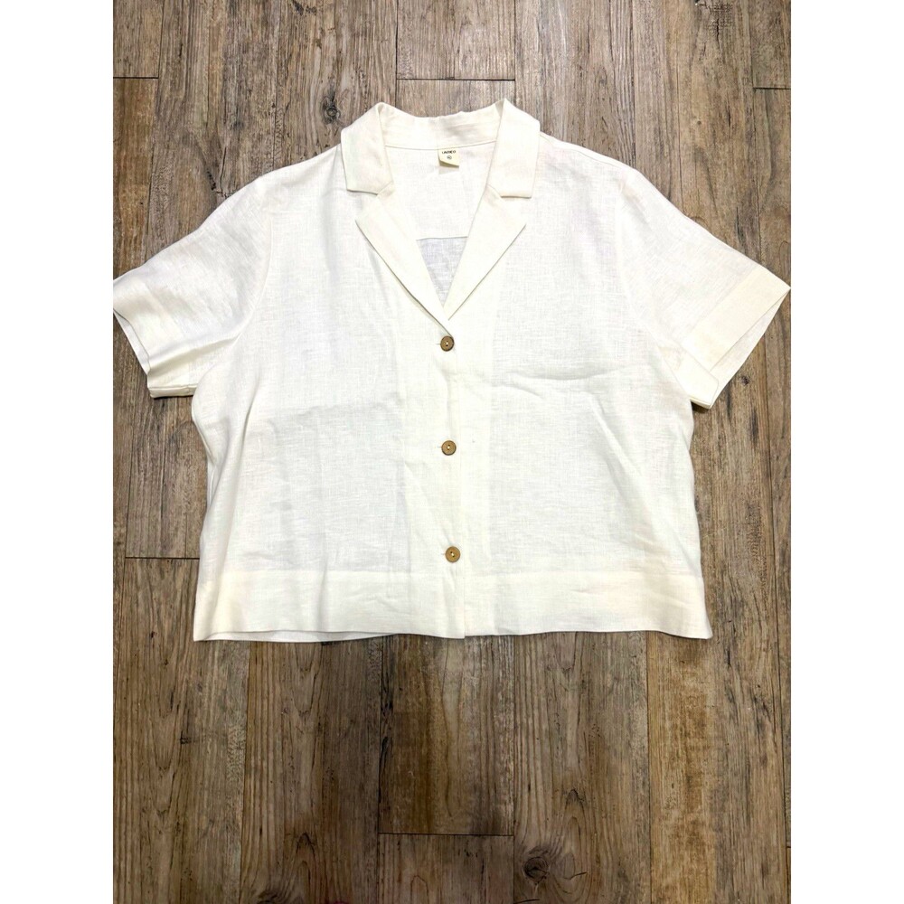 LINTICO Women’s White Linen Collared Button Front Blouse Short Sleeve XL